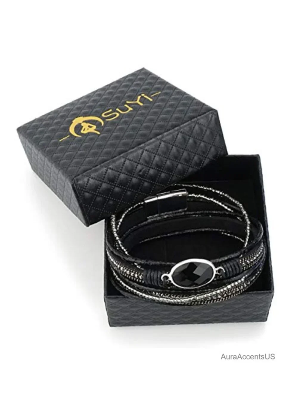 Multilayered Leather Wrap Bracelet with Magnetic Buckle, Braided Bangle Cuff
